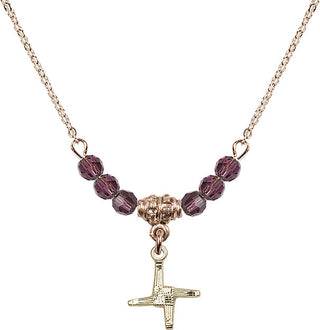 18" Hamilton Gold Plated Necklace with 4mm Amethyst Crystal Beads featuring a 14kt Gold Filled Saint Brigid Cross Medal.