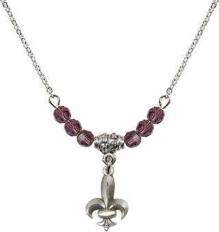 18" Rhodium Plated Necklace with 4mm Amethyst Crystal Beads featuring a Sterling Silver Fleur de Lis Medal.