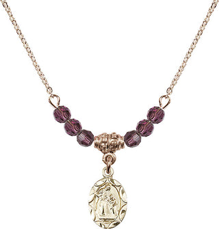 18" Hamilton Gold Plated Necklace with 4mm Amethyst Crystal Beads featuring a 14kt Gold Filled Saint Ann Medal.