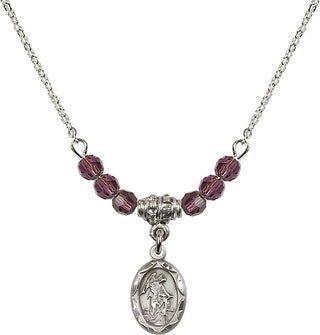 18" Rhodium Plated Necklace with 4mm Amethyst Crystal Beads featuring a Sterling Silver Guardian Angel Medal.