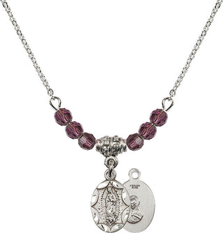 18" Rhodium Plated Necklace with 4mm Amethyst Crystal Beads featuring a Sterling Silver Our Lady of Guadalupe Medal.