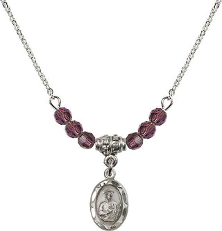 18" Rhodium Plated Necklace with 4mm Amethyst Crystal Beads featuring a Sterling Silver Saint Jude Medal.
