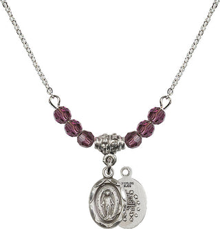 18" Rhodium Plated Necklace with 4mm Amethyst Crystal Beads featuring a Sterling Silver Miraculous Medal.