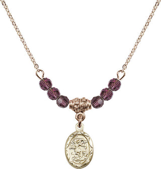 18" Hamilton Gold Plated Necklace with 4mm Amethyst Crystal Beads featuring a 14kt Gold Filled Saint Michael the Archangel Medal.