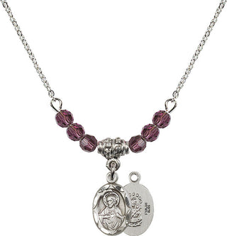18" Rhodium Plated Necklace with 4mm Amethyst Crystal Beads featuring a Sterling Silver Scapular Medal.