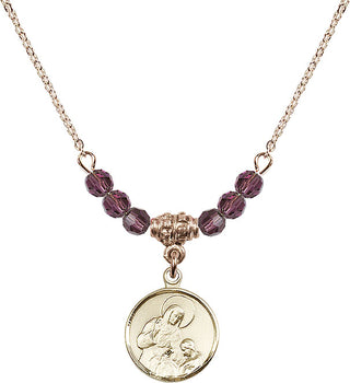 18" Hamilton Gold Plated Necklace with 4mm Amethyst Crystal Beads featuring a 14kt Gold Filled Saint Ann Medal. Engraved Catholic Saint Jewelry
