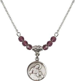 18" Rhodium Plated Necklace with 4mm Amethyst Crystal Beads featuring a Sterling Silver Saint Ann Medal. Engraved Catholic Saint Jewelry