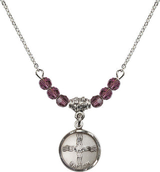 18" Rhodium Plated Necklace with 4mm Amethyst Crystal Beads featuring a Sterling Silver Baptism Medal. Engraved Catholic Saint Jewelry
