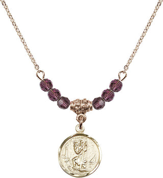 18" Hamilton Gold Plated Necklace with 4mm Amethyst Crystal Beads featuring a 14kt Gold Filled Saint Christopher Medal. Engraved Catholic Saint Jewelry