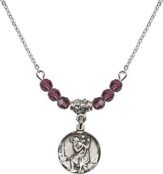18" Rhodium Plated Necklace with 4mm Amethyst Crystal Beads featuring a Sterling Silver Saint Christopher Medal. Engraved Catholic Saint Jewelry