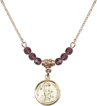18" Hamilton Gold Plated Necklace with 4mm Amethyst Crystal Beads featuring a 14kt Gold Filled Guardian Angel Medal. Engraved Catholic Saint Jewelry