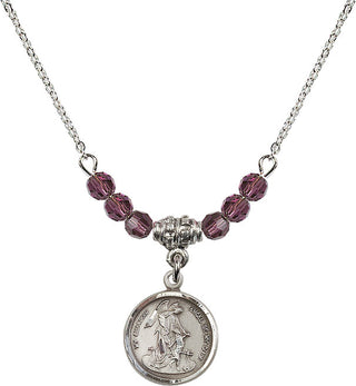 18" Rhodium Plated Necklace with 4mm Amethyst Crystal Beads featuring a Sterling Silver Guardian Angel Medal. Engraved Catholic Saint Jewelry