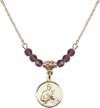 18" Hamilton Gold Plated Necklace with 4mm Amethyst Crystal Beads featuring a 14kt Gold Filled Saint Gerard Medal. Engraved Catholic Saint Jewelry