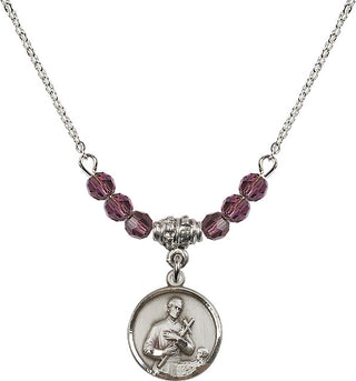 18" Rhodium Plated Necklace with 4mm Amethyst Crystal Beads featuring a Sterling Silver Saint Gerard Medal. Engraved Catholic Saint Jewelry