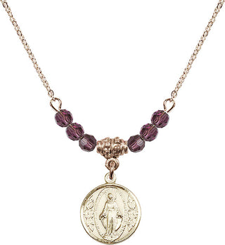 18" Hamilton Gold Plated Necklace with 4mm Amethyst Crystal Beads featuring a 14kt Gold Filled Miraculous Medal.