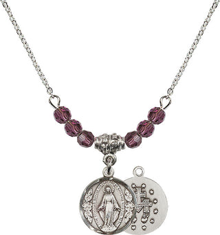 18" Rhodium Plated Necklace with 4mm Amethyst Crystal Beads featuring a Sterling Silver Miraculous Medal.