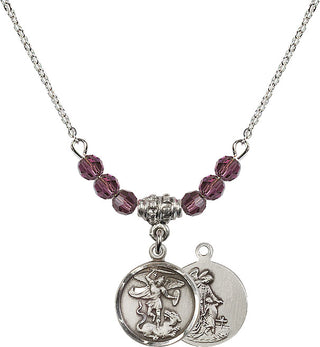 18" Rhodium Plated Necklace with 4mm Amethyst Crystal Beads featuring a Sterling Silver Saint Michael the Archangel Medal.