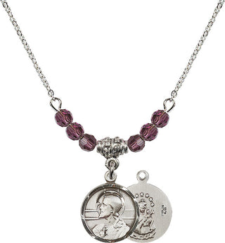 18" Rhodium Plated Necklace with 4mm Amethyst Crystal Beads featuring a Sterling Silver Scapular Medal.