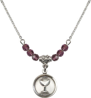 18" Rhodium Plated Necklace with 4mm Amethyst Crystal Beads featuring a Sterling Silver Communion Medal. Engraved Catholic Saint Jewelry