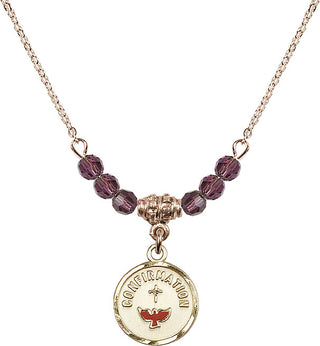 18" Hamilton Gold Plated Necklace with 4mm Amethyst Crystal Beads featuring a 14kt Gold Filled Confirmation Medal. Engraved Catholic Saint Jewelry