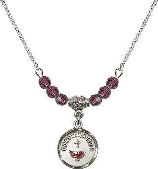 18" Rhodium Plated Necklace with 4mm Amethyst Crystal Beads featuring a Sterling Silver Confirmation Medal. Engraved Catholic Saint Jewelry