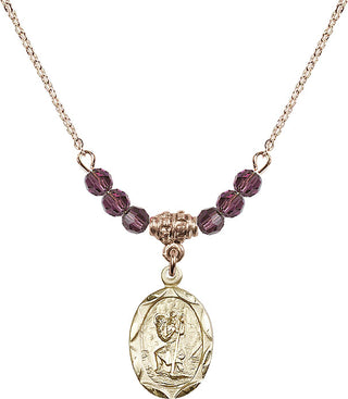 18" Hamilton Gold Plated Necklace with 4mm Amethyst Crystal Beads featuring a 14kt Gold Filled Saint Christopher Medal. Engraved Catholic Saint Jewelry