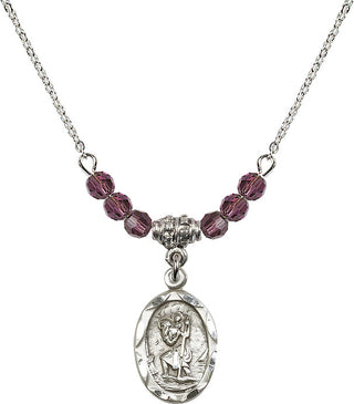 18" Rhodium Plated Necklace with 4mm Amethyst Crystal Beads featuring a Sterling Silver Saint Christopher Medal. Engraved Catholic Saint Jewelry