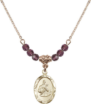 18" Hamilton Gold Plated Necklace with 4mm Amethyst Crystal Beads featuring a 14kt Gold Filled Saint Gerard Medal. Engraved Catholic Saint Jewelry