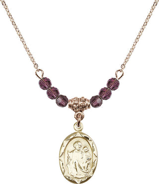 18" Hamilton Gold Plated Necklace with 4mm Amethyst Crystal Beads featuring a 14kt Gold Filled Saint Joseph Medal. Engraved Catholic Saint Jewelry
