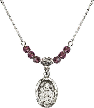 18" Rhodium Plated Necklace with 4mm Amethyst Crystal Beads featuring a Sterling Silver Saint Joseph Medal. Engraved Catholic Saint Jewelry