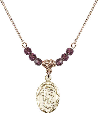 18" Hamilton Gold Plated Necklace with 4mm Amethyst Crystal Beads featuring a 14kt Gold Filled Saint Michael the Archangel Medal.