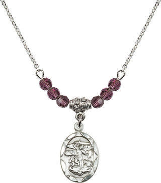 18" Rhodium Plated Necklace with 4mm Amethyst Crystal Beads featuring a Sterling Silver Saint Michael the Archangel Medal.