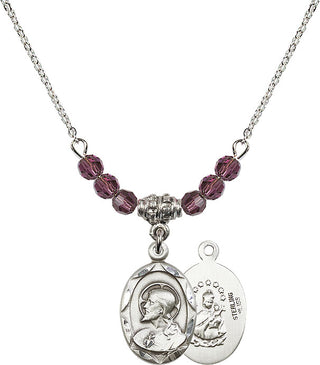 18" Rhodium Plated Necklace with 4mm Amethyst Crystal Beads featuring a Sterling Silver Scapular Medal.