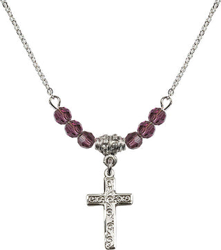 18" Rhodium Plated Necklace with 4mm Amethyst Crystal Beads featuring a Sterling Silver Cross Medal.
