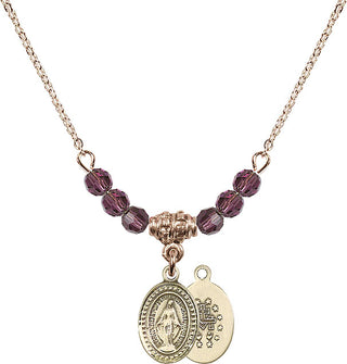 18" Hamilton Gold Plated Necklace with 4mm Amethyst Crystal Beads featuring a 14kt Gold Filled Miraculous Medal.