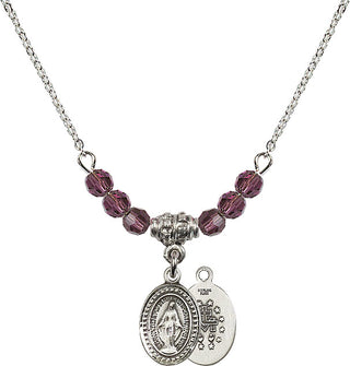 18" Rhodium Plated Necklace with 4mm Amethyst Crystal Beads featuring a Sterling Silver Miraculous Medal.