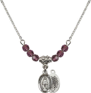 18" Rhodium Plated Necklace with 4mm Amethyst Crystal Beads featuring a Sterling Silver Miraculous Medal.