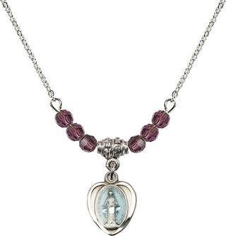 18" Rhodium Plated Necklace with 4mm Amethyst Crystal Beads featuring a Sterling Silver Miraculous Medal.