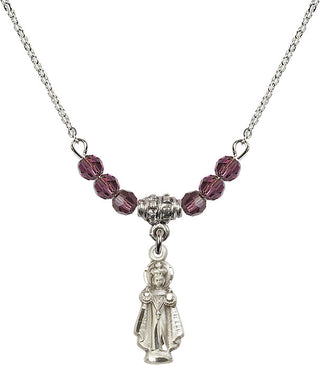 18" Rhodium Plated Necklace with 4mm Amethyst Crystal Beads featuring a Sterling Silver Infant of Prague Medal.