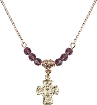 18" Hamilton Gold Plated Necklace with 4mm Amethyst Crystal Beads featuring a 14kt Gold Filled 5-Way / Chalice Medal.