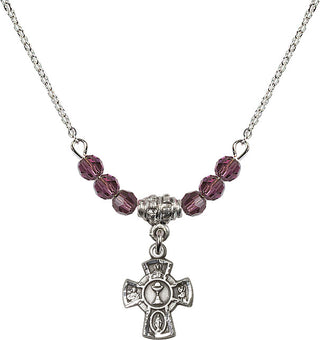 18" Rhodium Plated Necklace with 4mm Amethyst Crystal Beads featuring a Sterling Silver 5-Way / Chalice Medal.