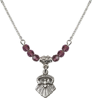 18" Rhodium Plated Necklace with 4mm Amethyst Crystal Beads featuring a Sterling Silver Seven Gifts Medal.