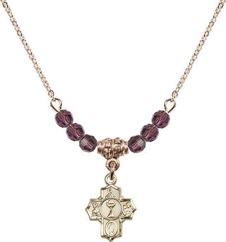 18" Hamilton Gold Plated Necklace with 4mm Amethyst Crystal Beads featuring a 14kt Gold Filled Communion 5-Way Medal.