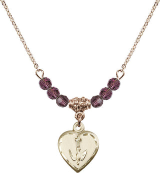 18" Hamilton Gold Plated Necklace with 4mm Amethyst Crystal Beads featuring a 14kt Gold Filled Heart / Confirmation Medal.