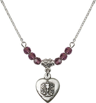 18" Rhodium Plated Necklace with 4mm Amethyst Crystal Beads featuring a Sterling Silver Heart / Communion Medal.