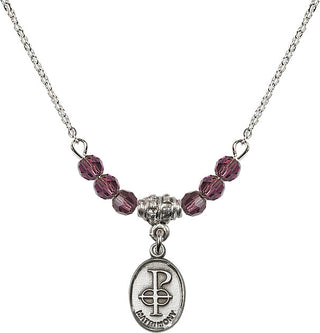 18" Rhodium Plated Necklace with 4mm Amethyst Crystal Beads featuring a Sterling Silver Matrimony Medal.
