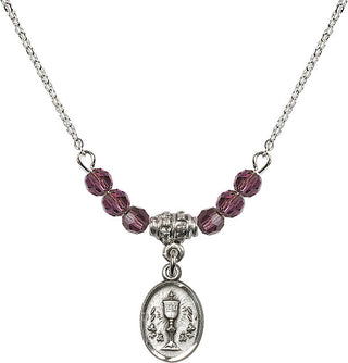 18" Rhodium Plated Necklace with 4mm Amethyst Crystal Beads featuring a Sterling Silver Chalice Medal.