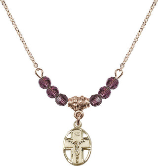 18" Hamilton Gold Plated Necklace with 4mm Amethyst Crystal Beads featuring a 14kt Gold Filled Crucifix Medal.