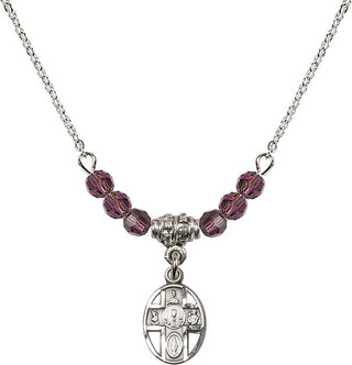 18" Rhodium Plated Necklace with 4mm Amethyst Crystal Beads featuring a Sterling Silver 5-Way / Chalice Medal.