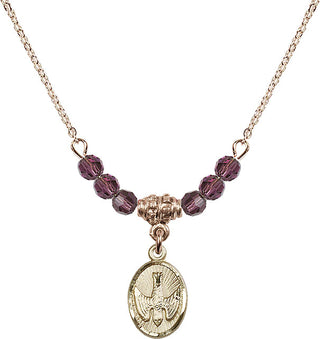 18" Hamilton Gold Plated Necklace with 4mm Amethyst Crystal Beads featuring a 14kt Gold Filled Holy Spirit Medal.